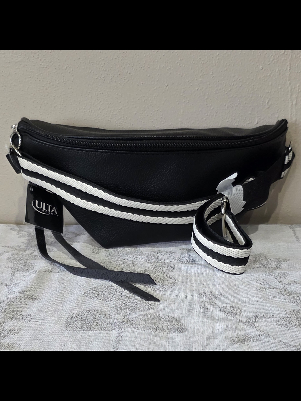 Ulta Beauty Black Crossbody Belt Bag with White Trim Strap